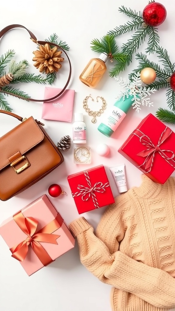 Flat lay of Christmas gifts for an 18-year-old girl including a handbag, jewelry, and skincare products.